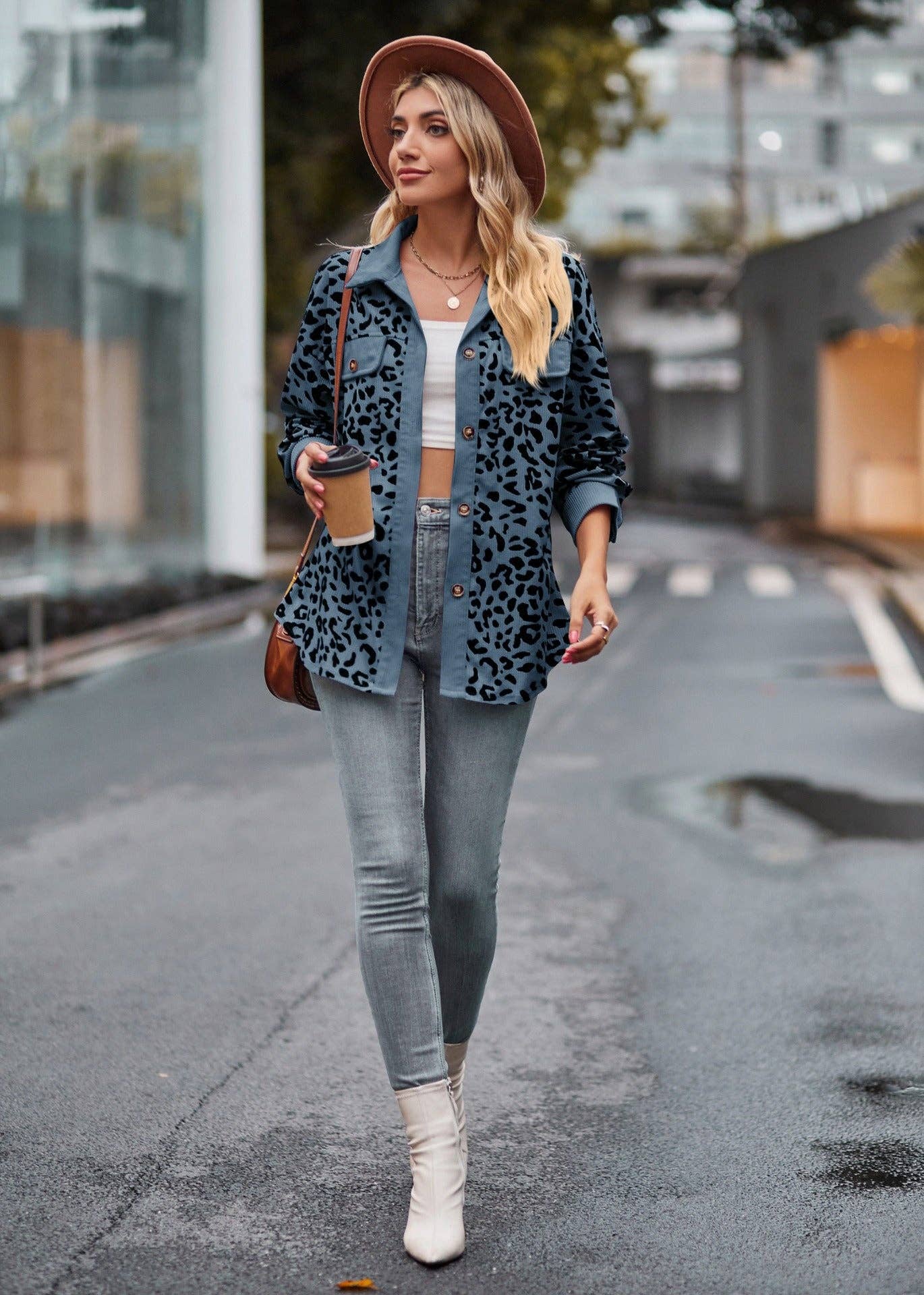 Leopard Corduroy Shirt Jacket - Button Down Oversized Fit