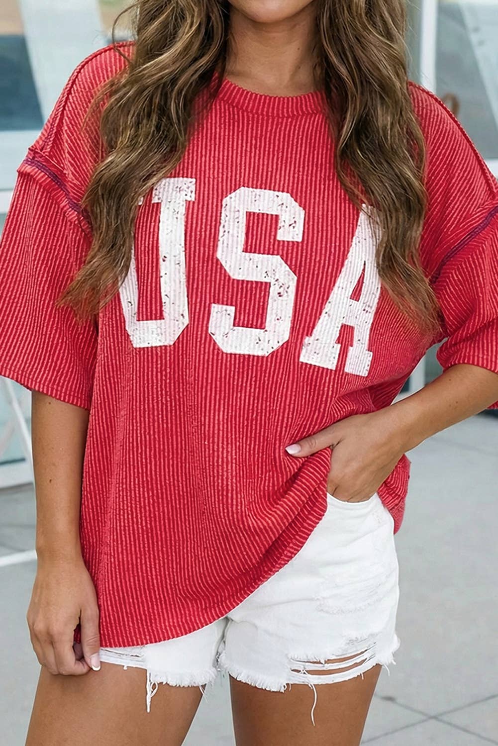 USA Graphic Half Sleeve Loose Ribbed Top