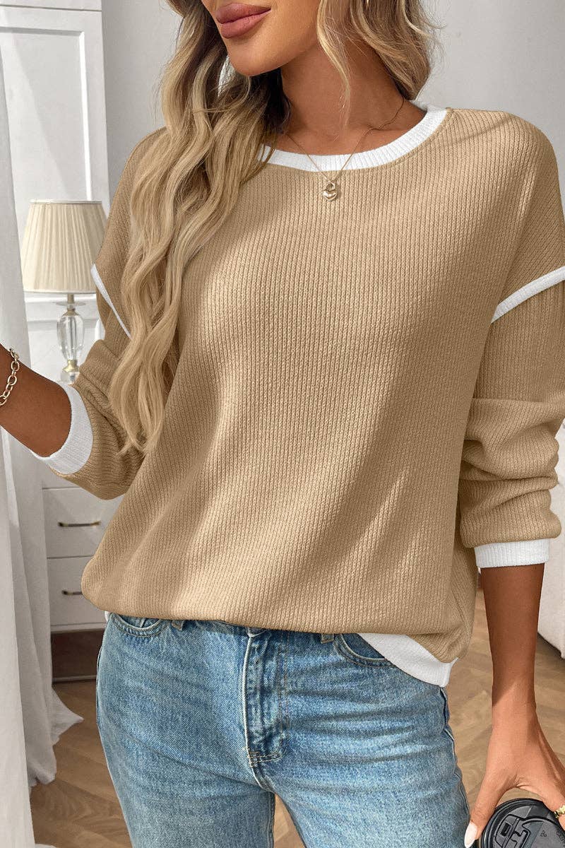 Colorblock Crewneck Knit Look Long Sleeve Pullover Top