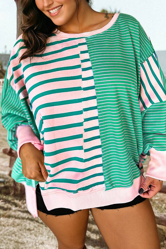 Stripe Colorblock Expose Seam Side Slit Plus Size Sweatshirt