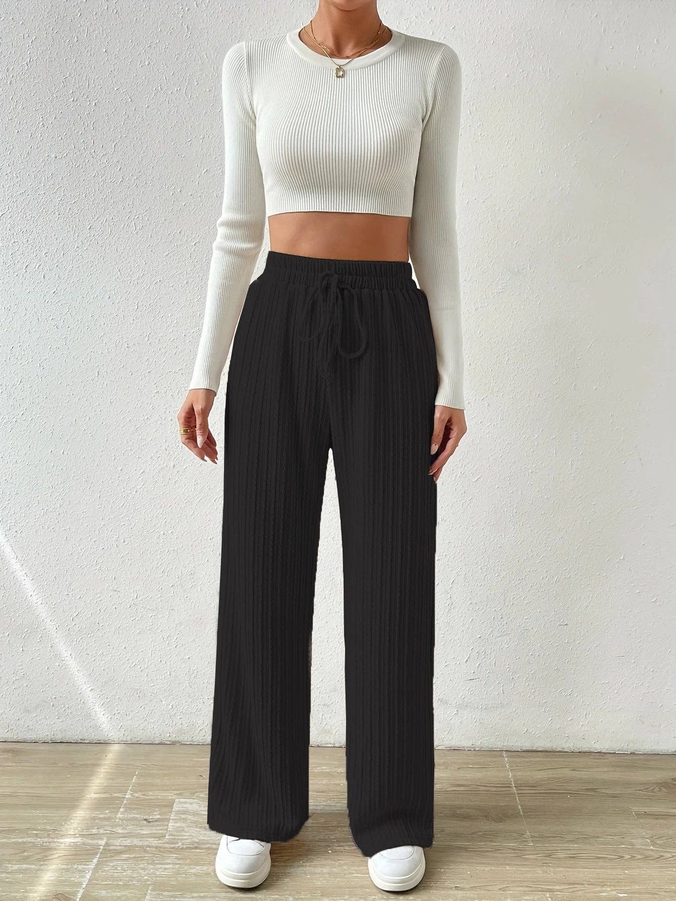 Textured Knit High Waist Wide Leg Lounge Pants