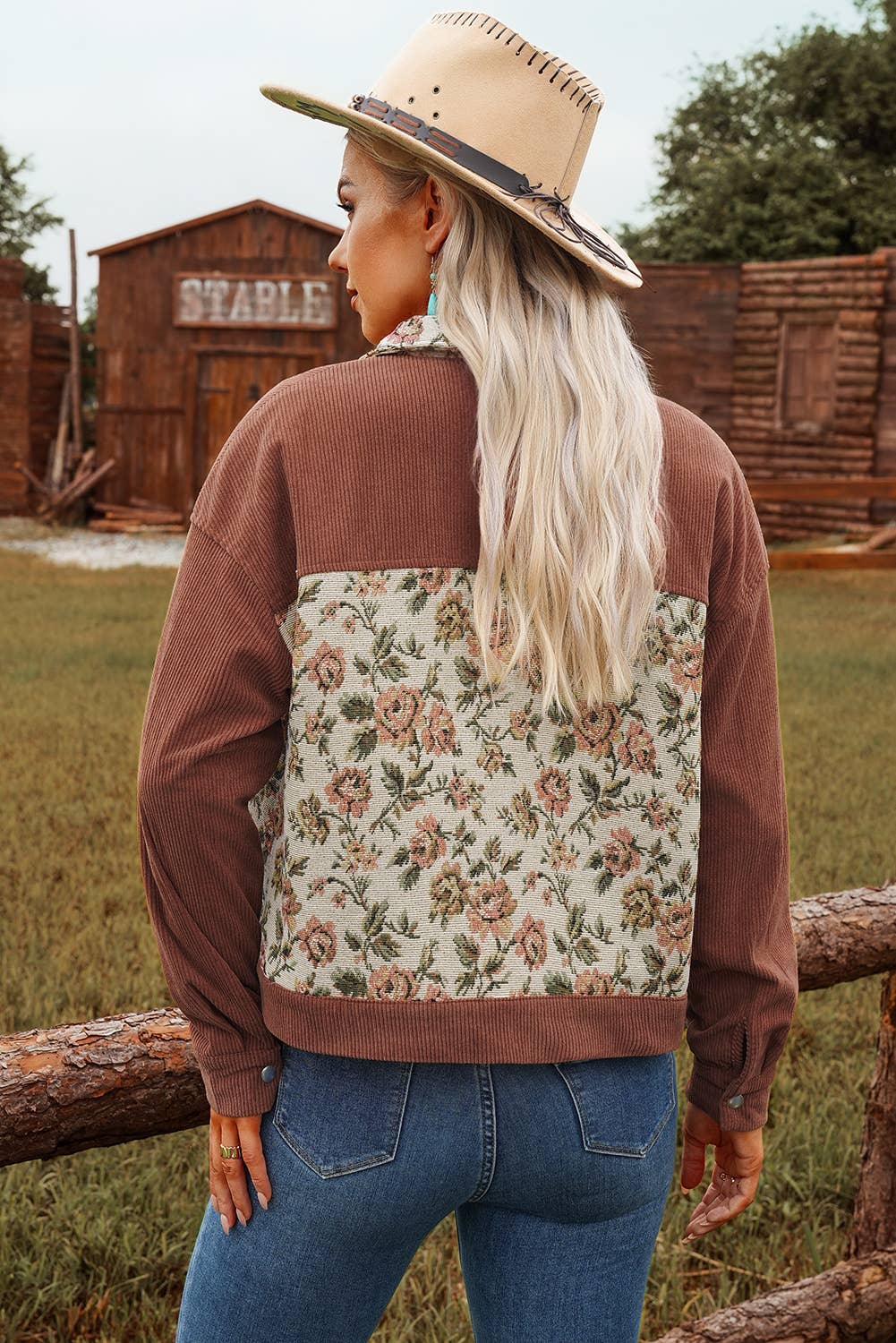 Fashion Rib Retro Floral Patchwork Shirt Style Jacket* S-4X