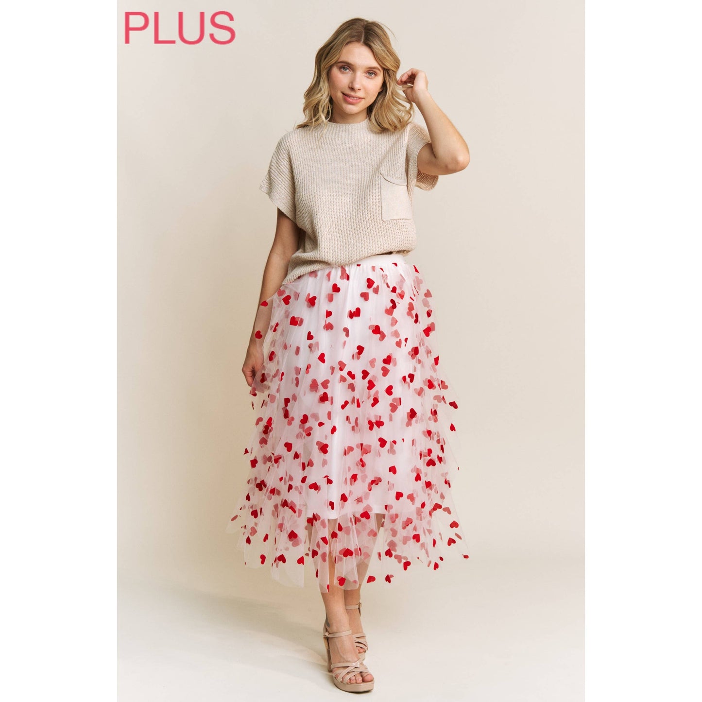 PLUS HEART VELVET FLOCKING MESH LAYERED MIDI SKIRT