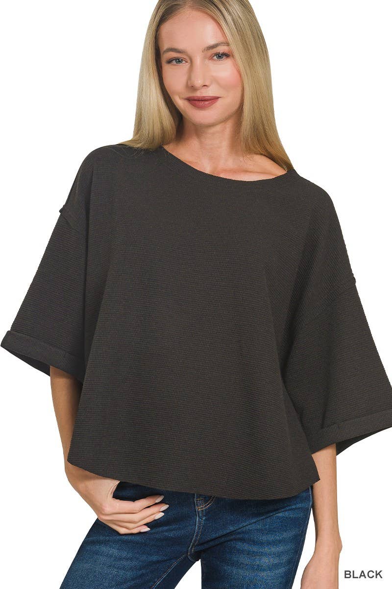 Double Knit Exposed Seam Curved Hem Top
