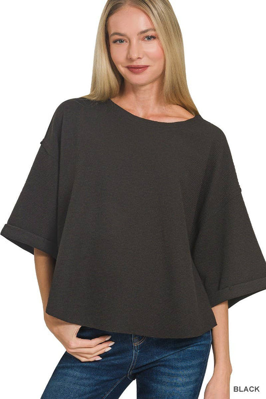 Double Knit Exposed Seam Curved Hem Top