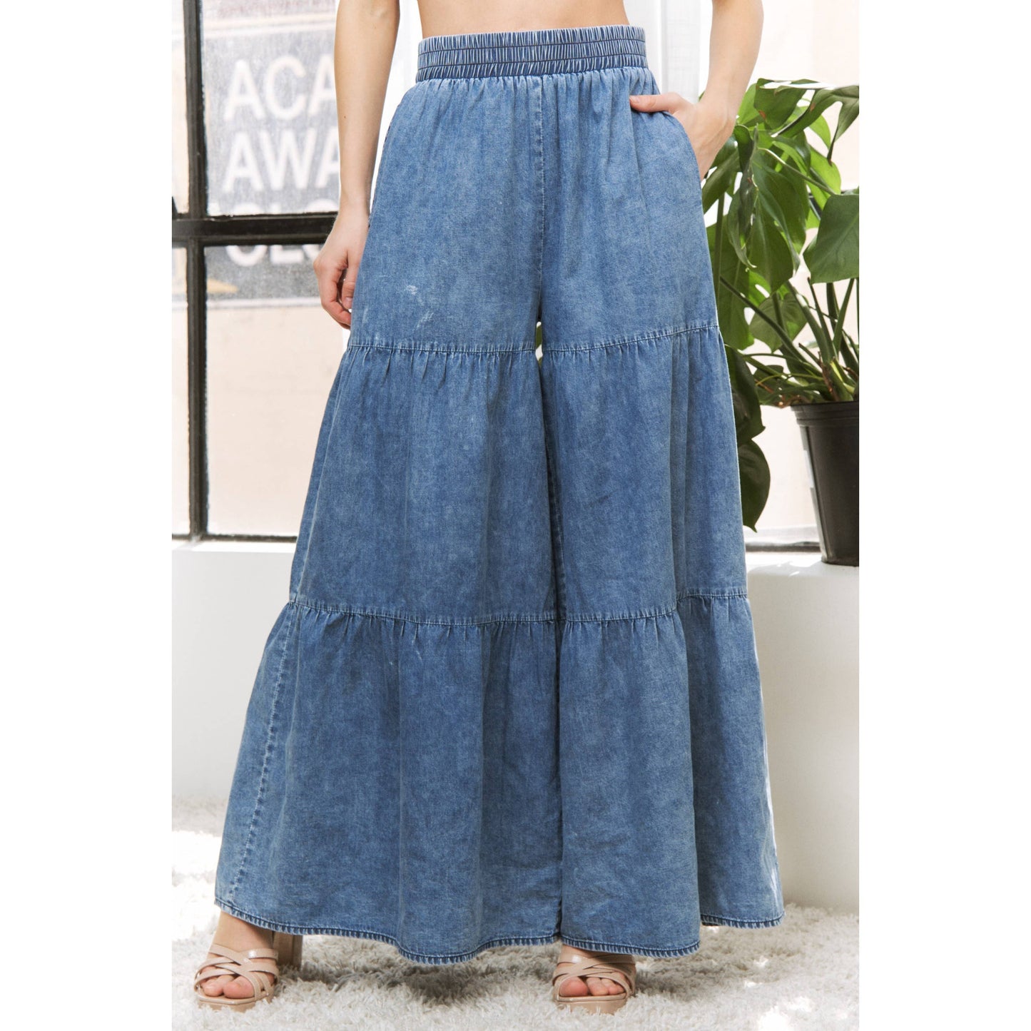 CHIC DENIM ELASTIC WAIST BAND WIDE LEG FLARED PANTS