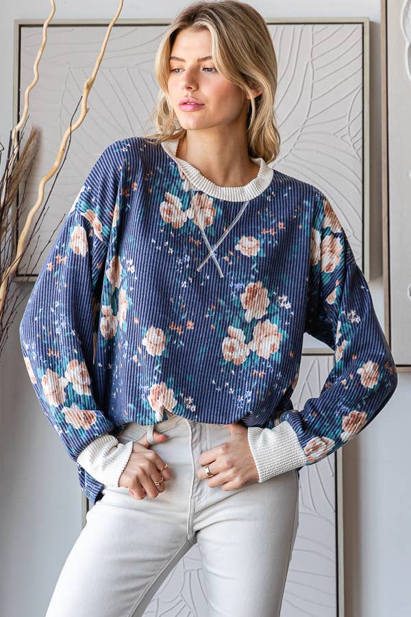 Cozy Floral Rib Drop Shoulder V-Stitch Pullover Top T5699
