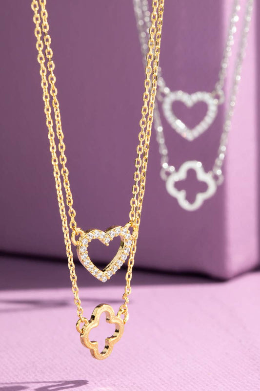 Brass Heart and Clover Layered Pendant Necklace