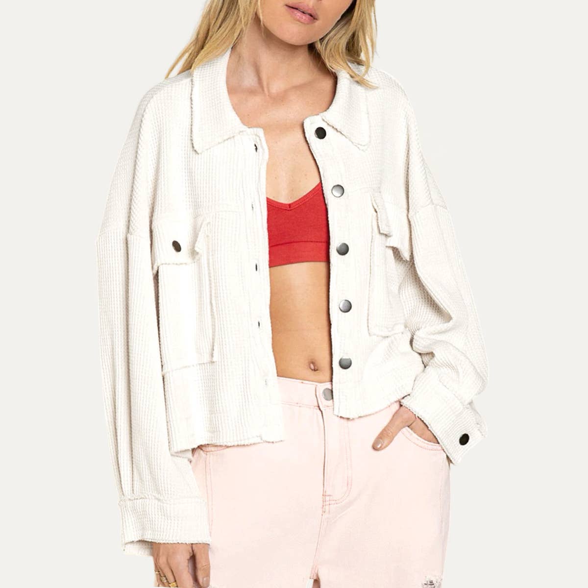 Always Popular Textured Button-Up Long Sleeve Cropped Jacket