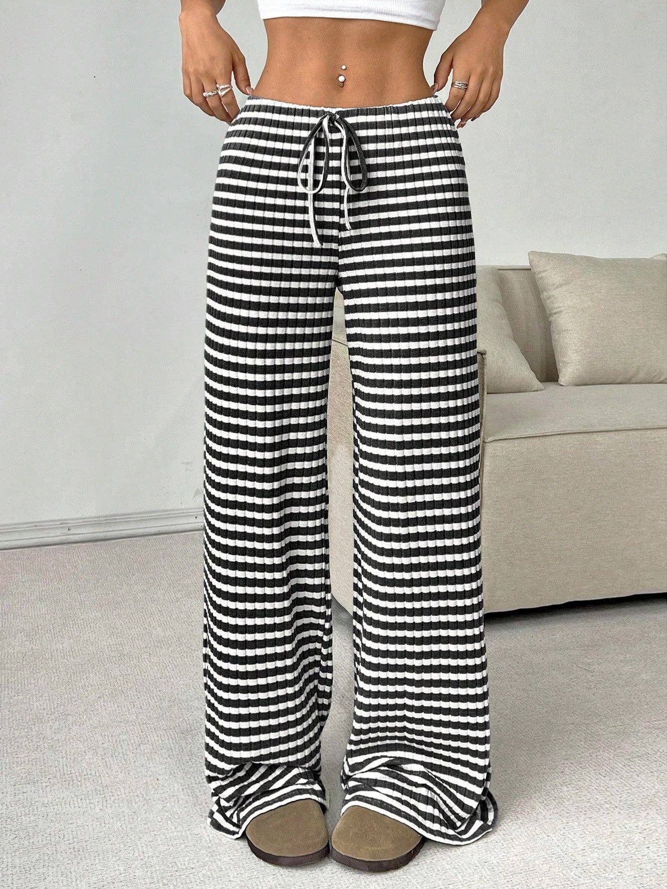Striped Cotton Lounge Pants with Drawstring Waistband