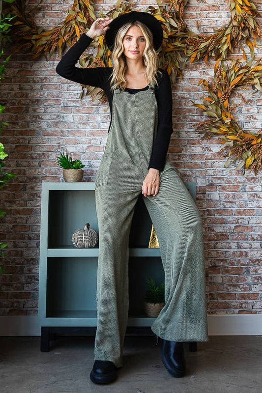 Rib Knit Wide Leg Adjustable Strap Overall Jumpsuit J5293