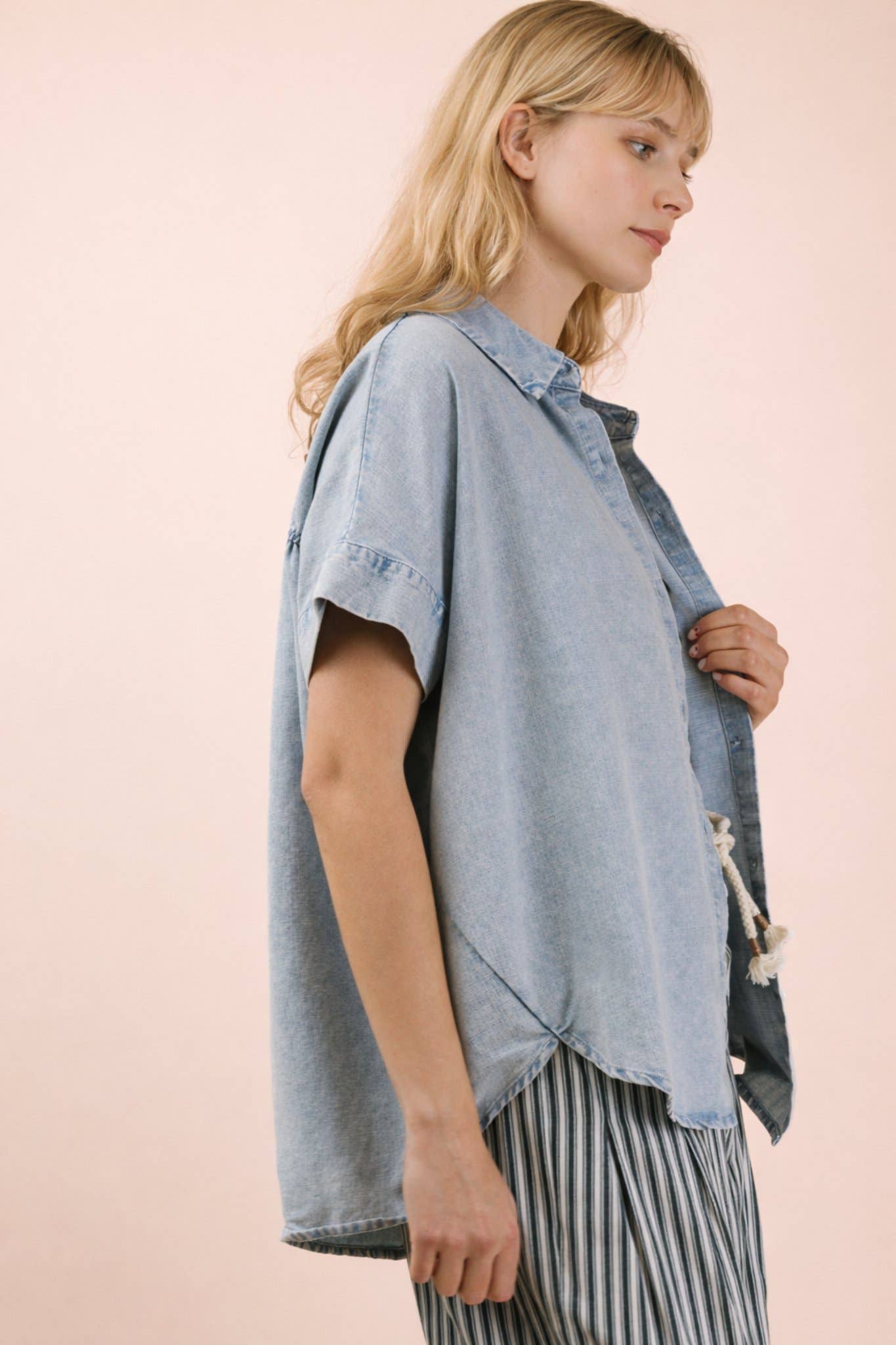 NT12493-Mineral Washed Chambray Oversized Shirt Top