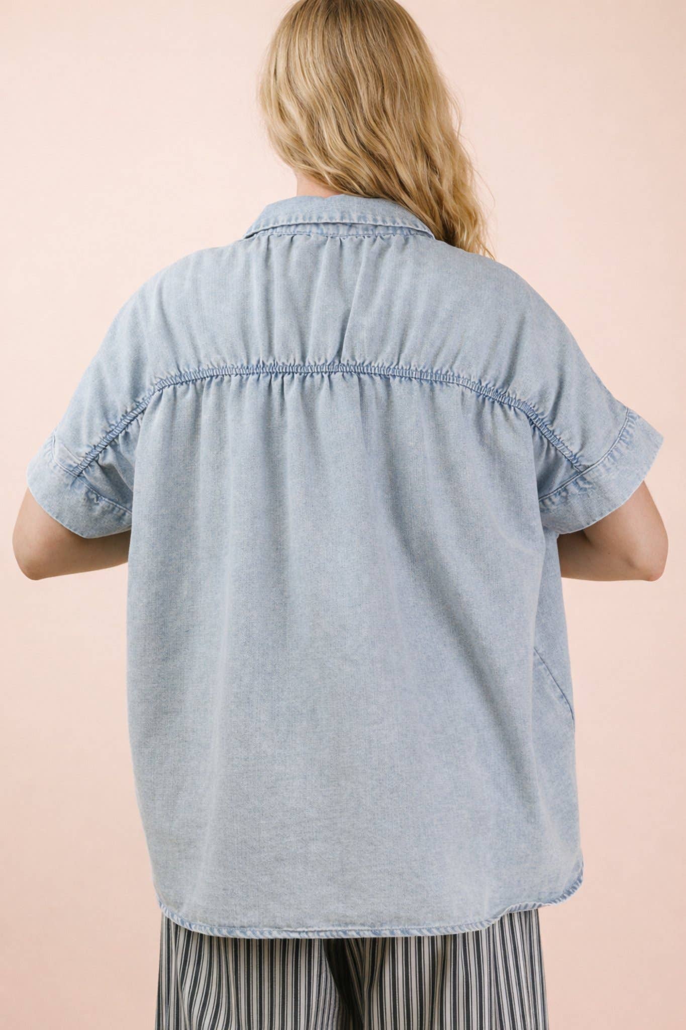 NT12493-Mineral Washed Chambray Oversized Shirt Top