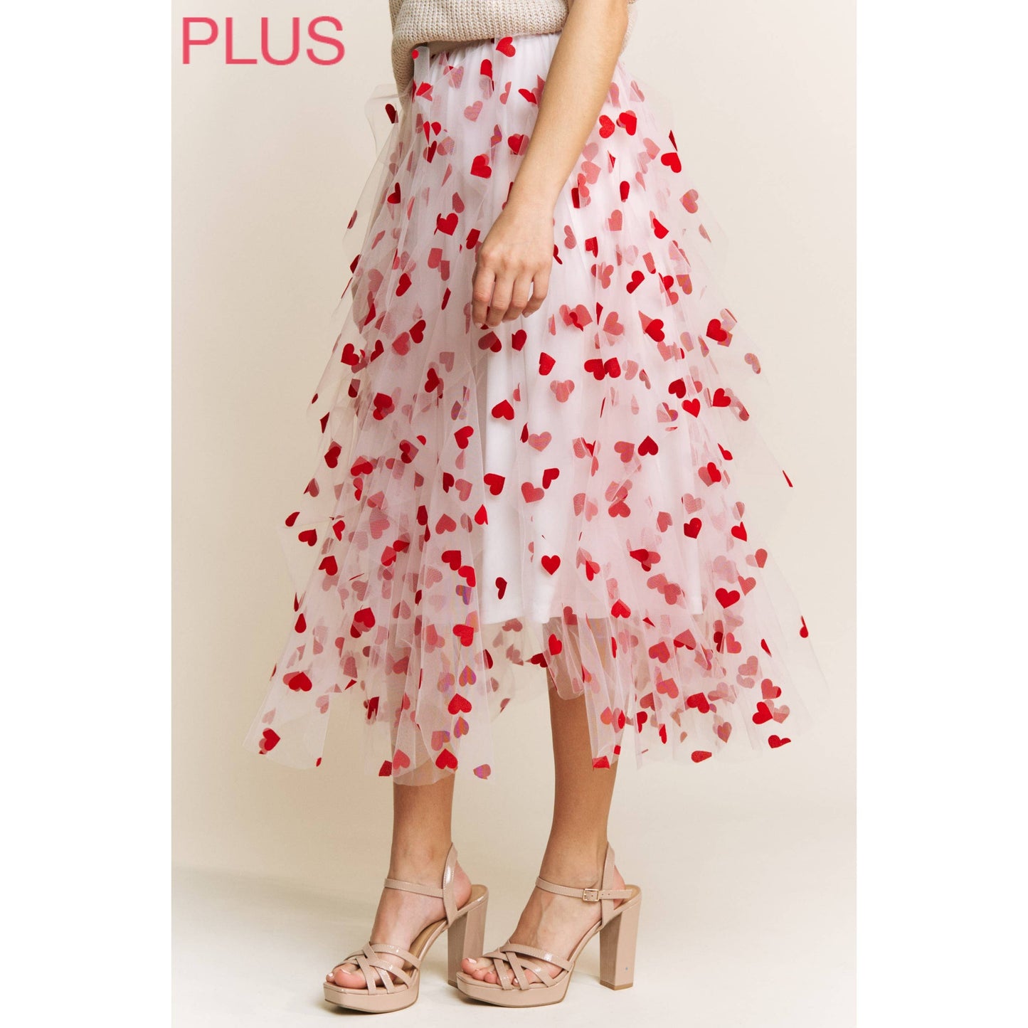 PLUS HEART VELVET FLOCKING MESH LAYERED MIDI SKIRT