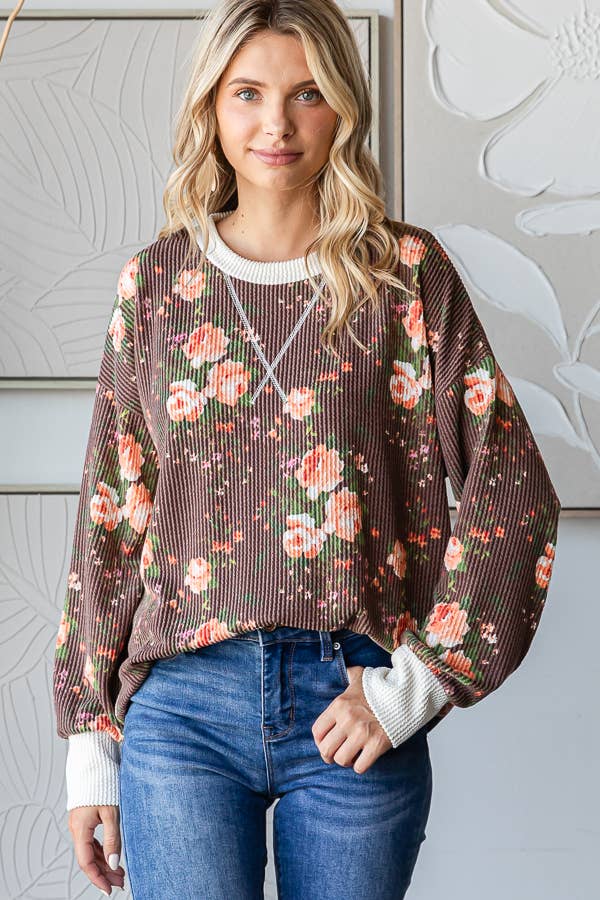 Cozy Floral Rib Drop Shoulder V-Stitch Pullover Top T5699