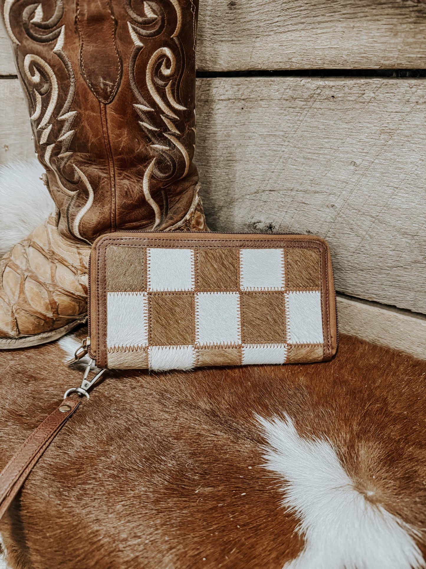 Checkered Cowhide Womens Wallet Wristlet Trendy