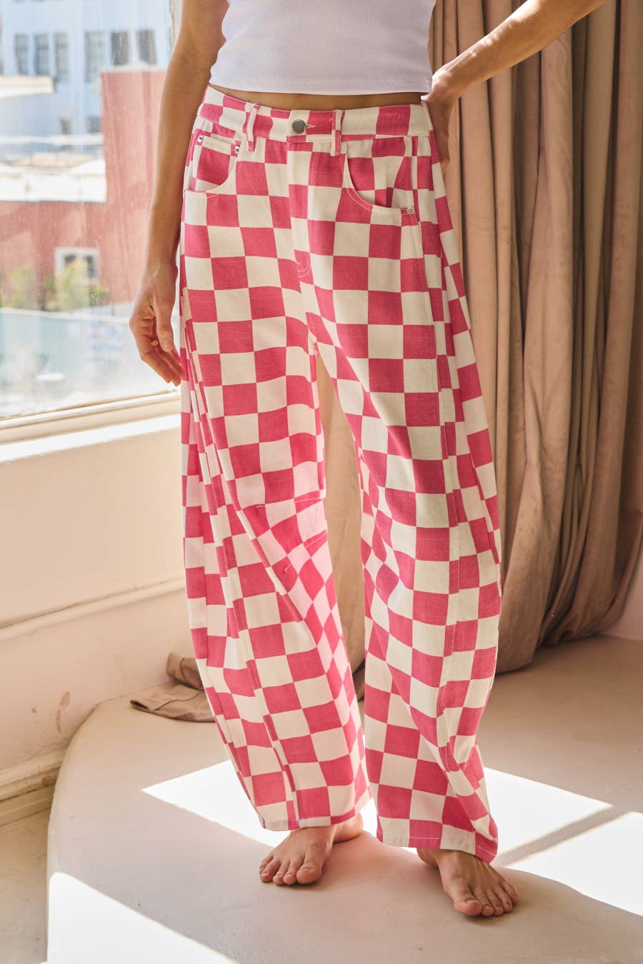 Plus Checkered Printed Barrel Denim Pants
