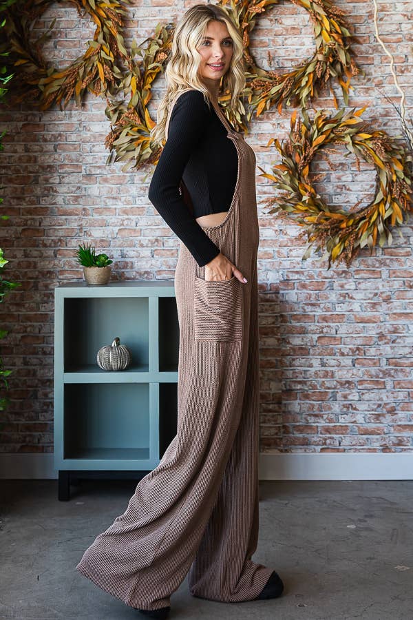 Rib Knit Wide Leg Adjustable Strap Overall Jumpsuit J5293