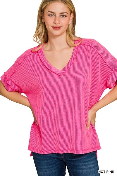 Corded Rib Short Sleeve Hi-low V Neck Top