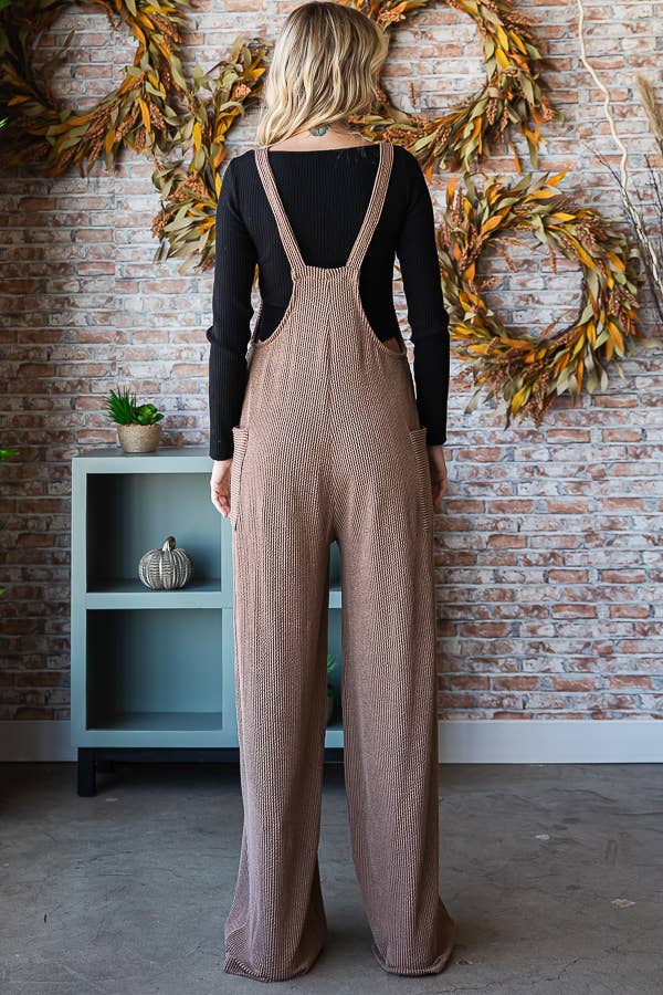 Rib Knit Wide Leg Adjustable Strap Overall Jumpsuit J5293