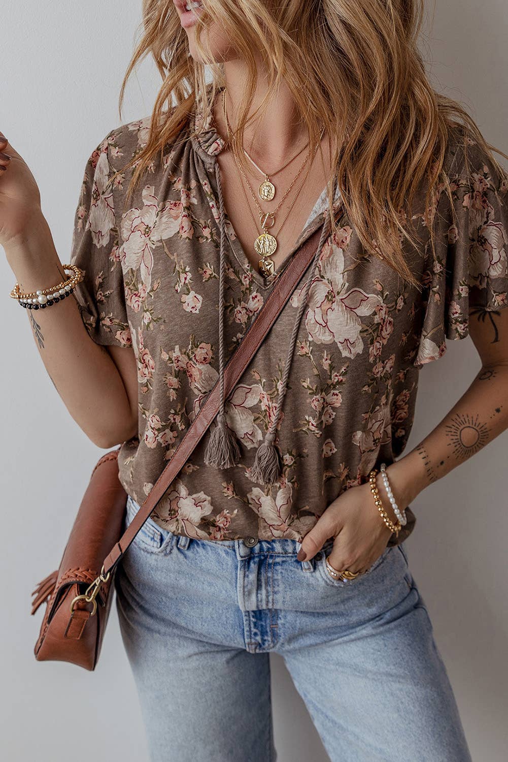 Retro Floral Print Tassel Tie Split Neck Short Sleeve Blouse