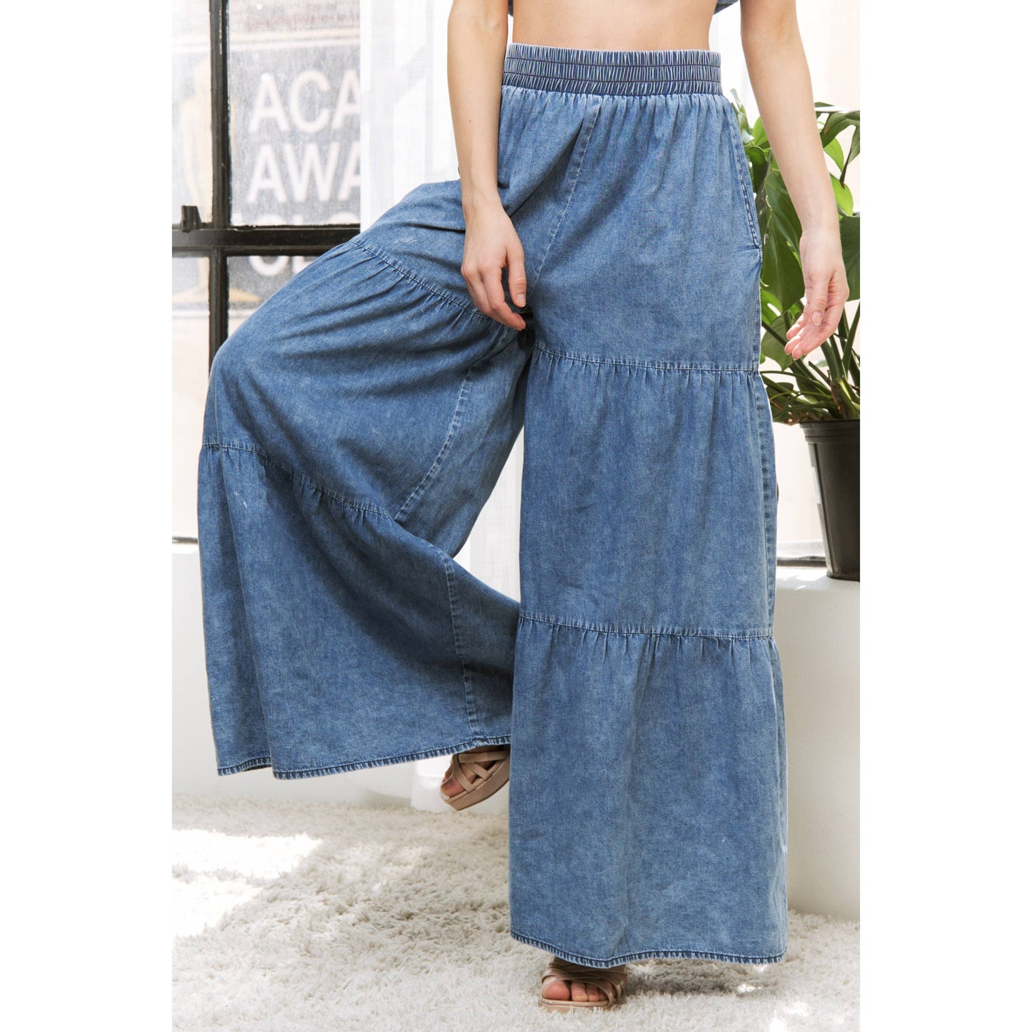 CHIC DENIM ELASTIC WAIST BAND WIDE LEG FLARED PANTS