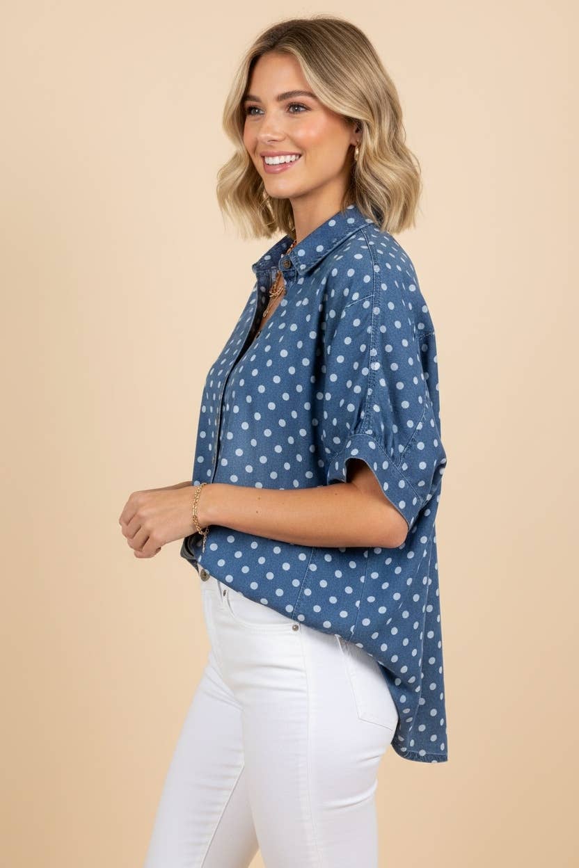 Polka Dot Button Front Denim Shirt