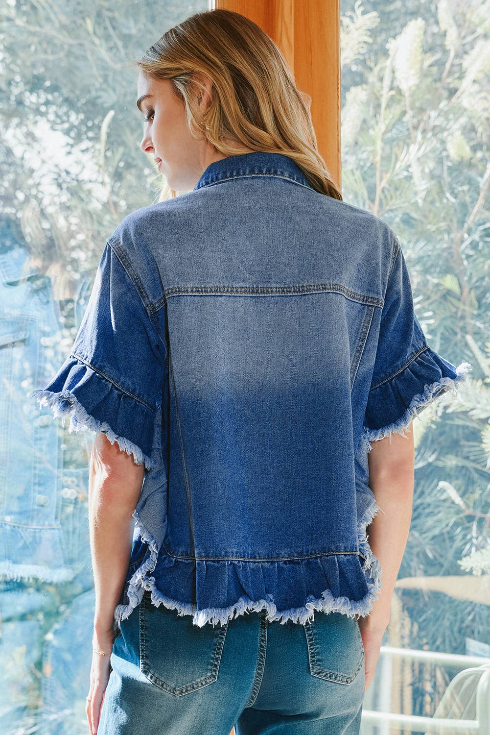 Western Fall Raw Edge Ruffle Short Sleeve Denim Jacket*S-4X