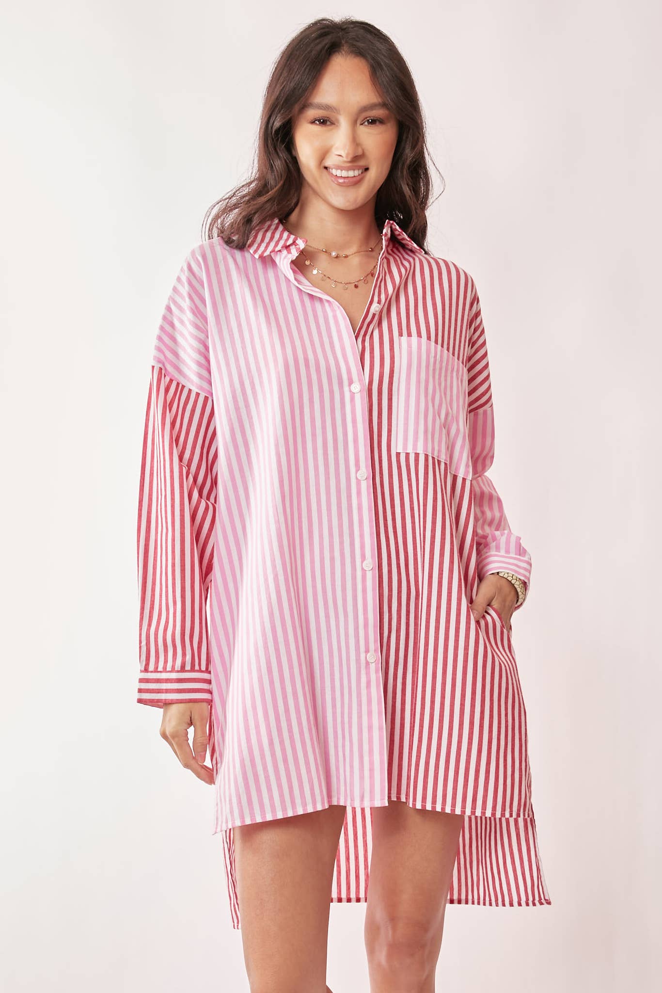 MULTI COLOR STRIPE MIXED BUTTON FRONT TUNIC SHIRT