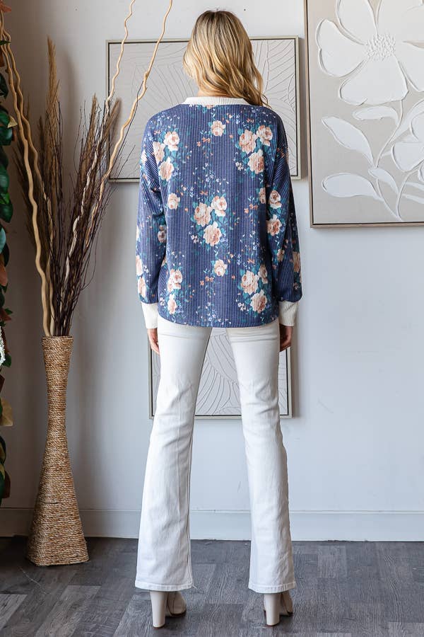 Cozy Floral Rib Drop Shoulder V-Stitch Pullover Top T5699