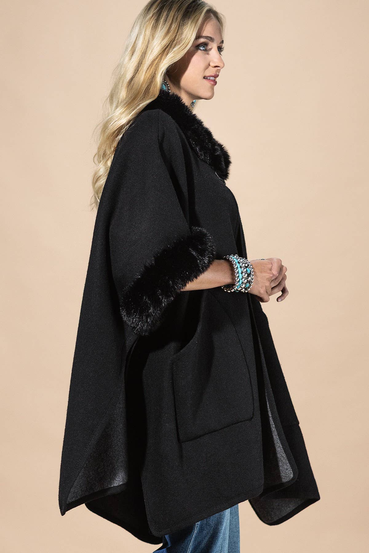 Cape With Faux Fur Trim And Toggle Closure