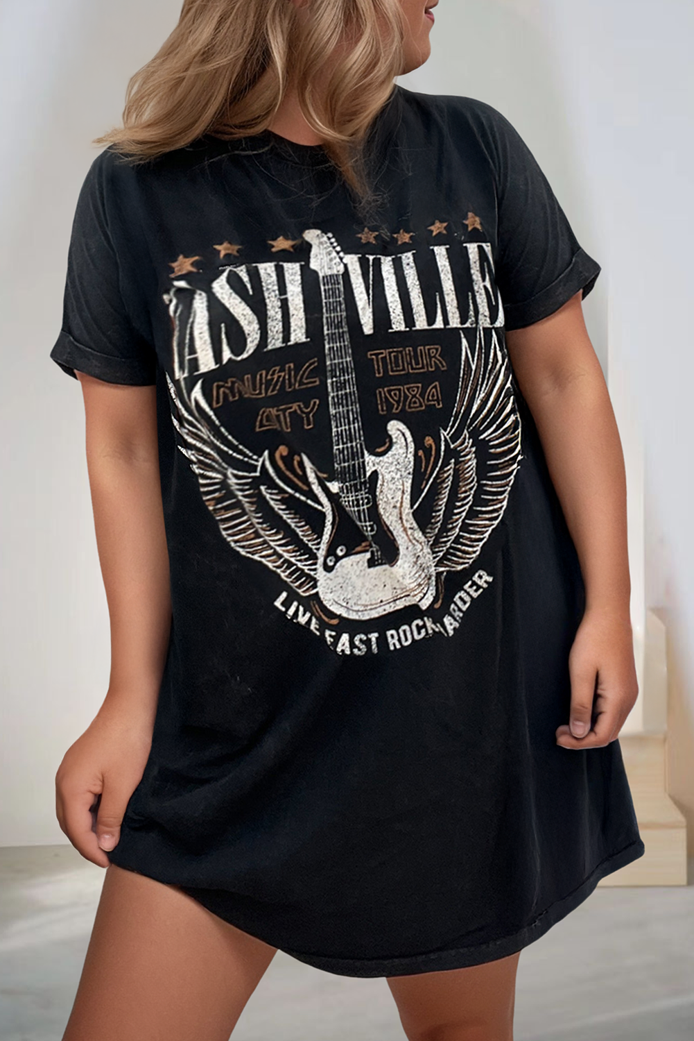 Nashville Guitar Print Crew Neck T Shirt Mini Dress (S-XL)