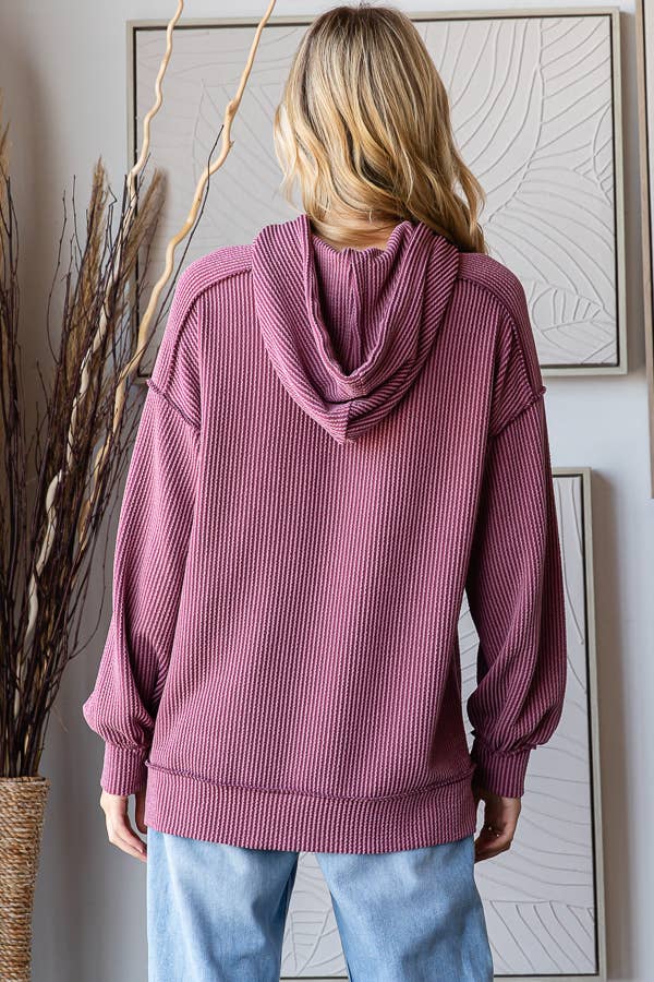 Solid Rib Drop Shoulder Front Pocket Drawstring Hoodie T5704