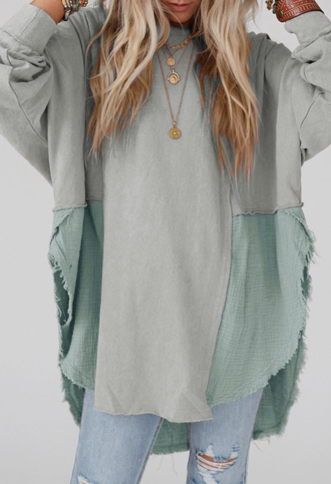 Crinkle Splicing Raw Hem High Low Oversized Blouse