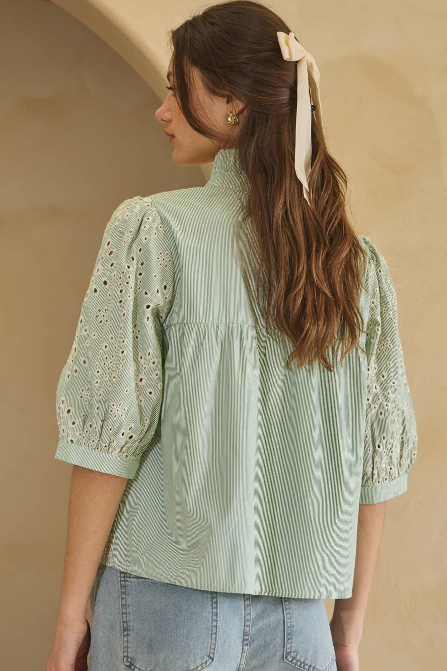 Embroidery Pin Striped Half Sleeve Top
