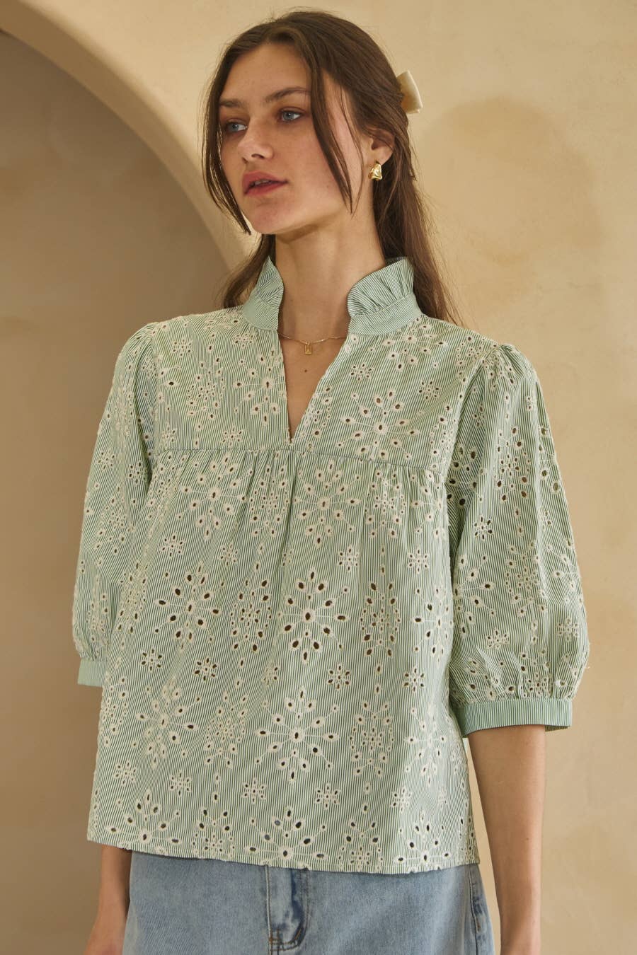 Embroidery Pin Striped Half Sleeve Top