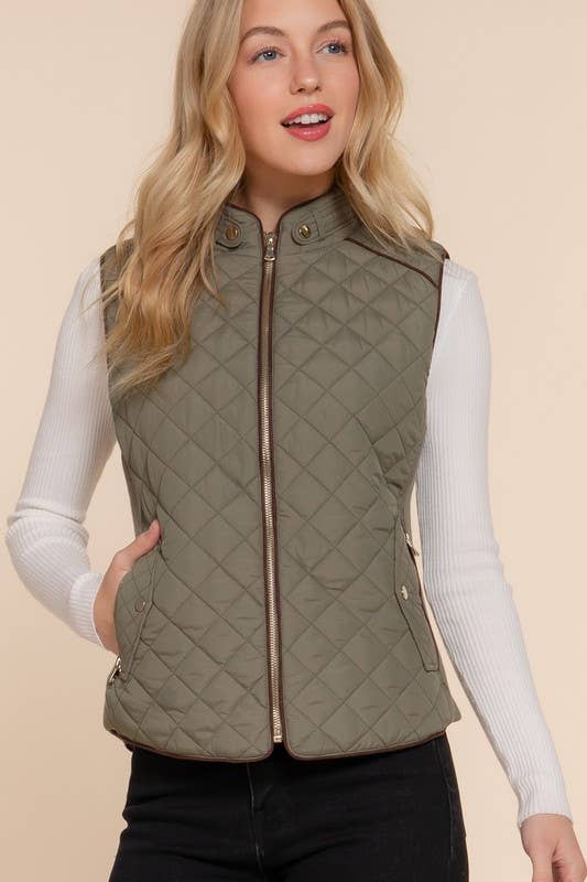 Suede Piping Detail Side Rib Quilted Padding Vest