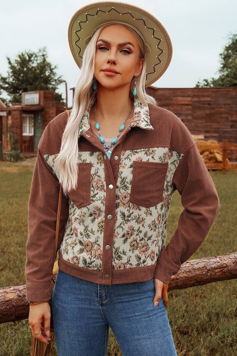 Fashion Rib Retro Floral Patchwork Shirt Style Jacket* S-4X