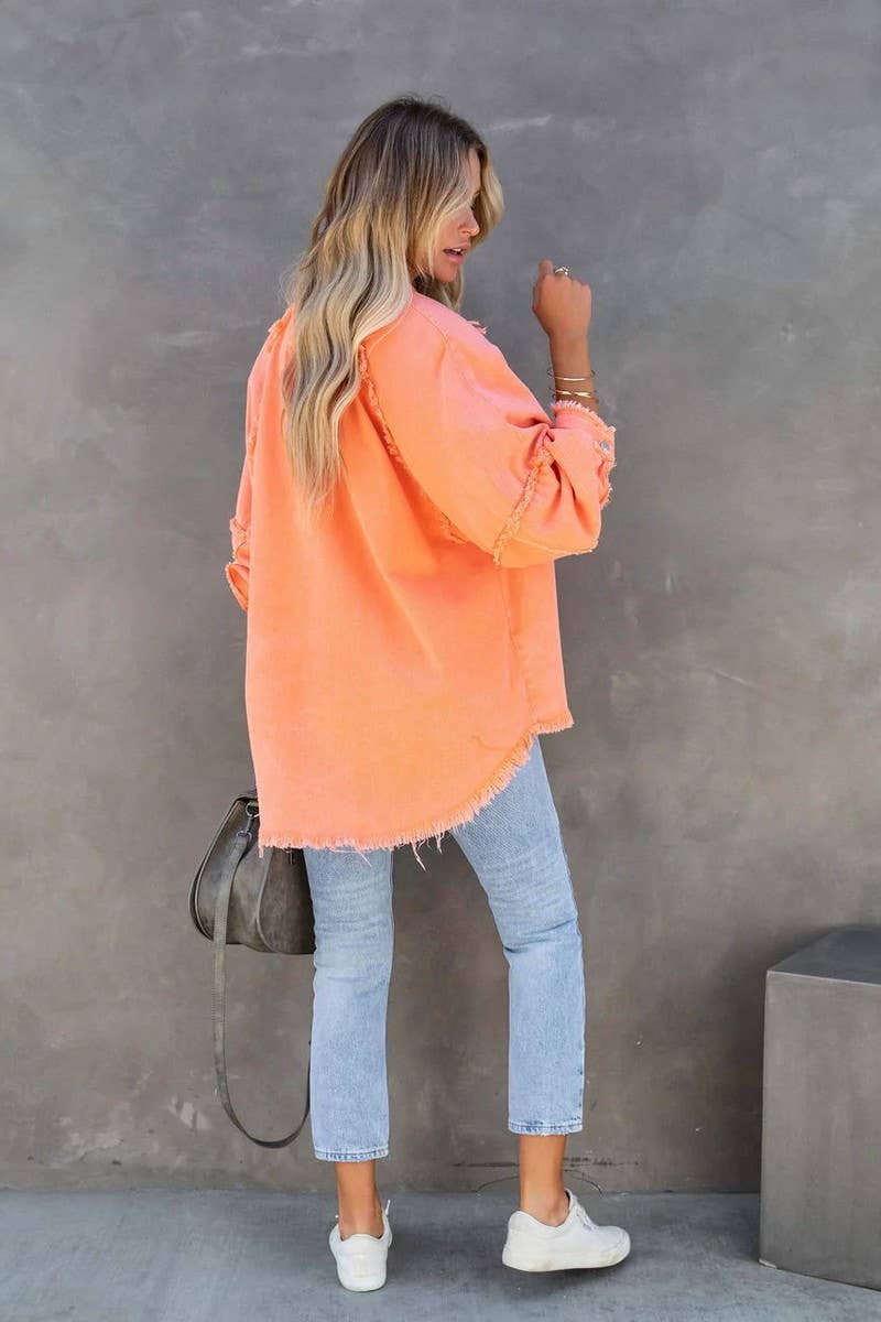 Loose raw edge patchwork pocket denim shirt jacket