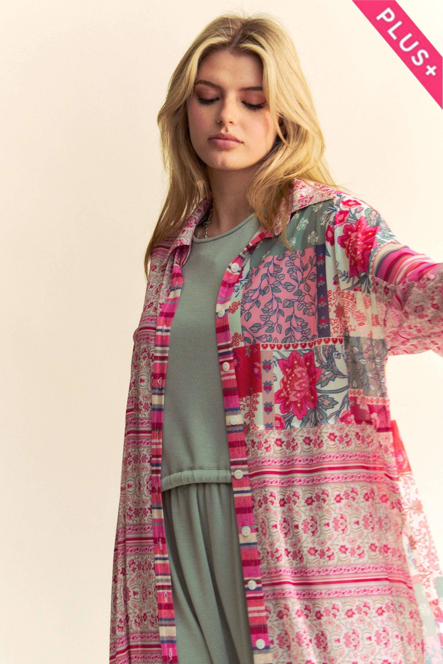 PLUS BUTTON FRONT MAXI SHIRT COVER-UP TOP