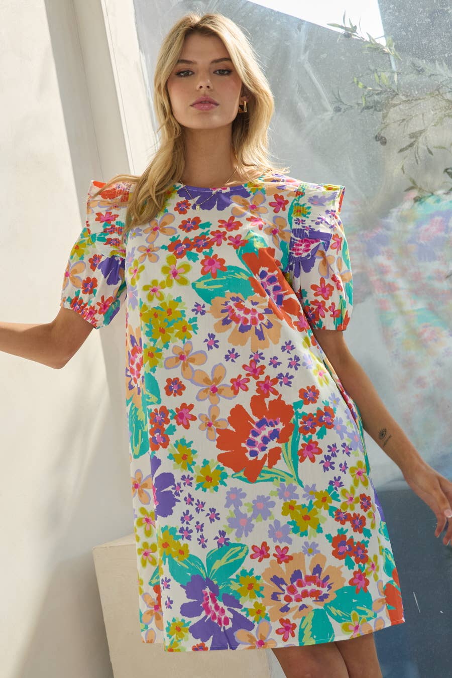 Floral Printed Poplin Mini Shift Dress