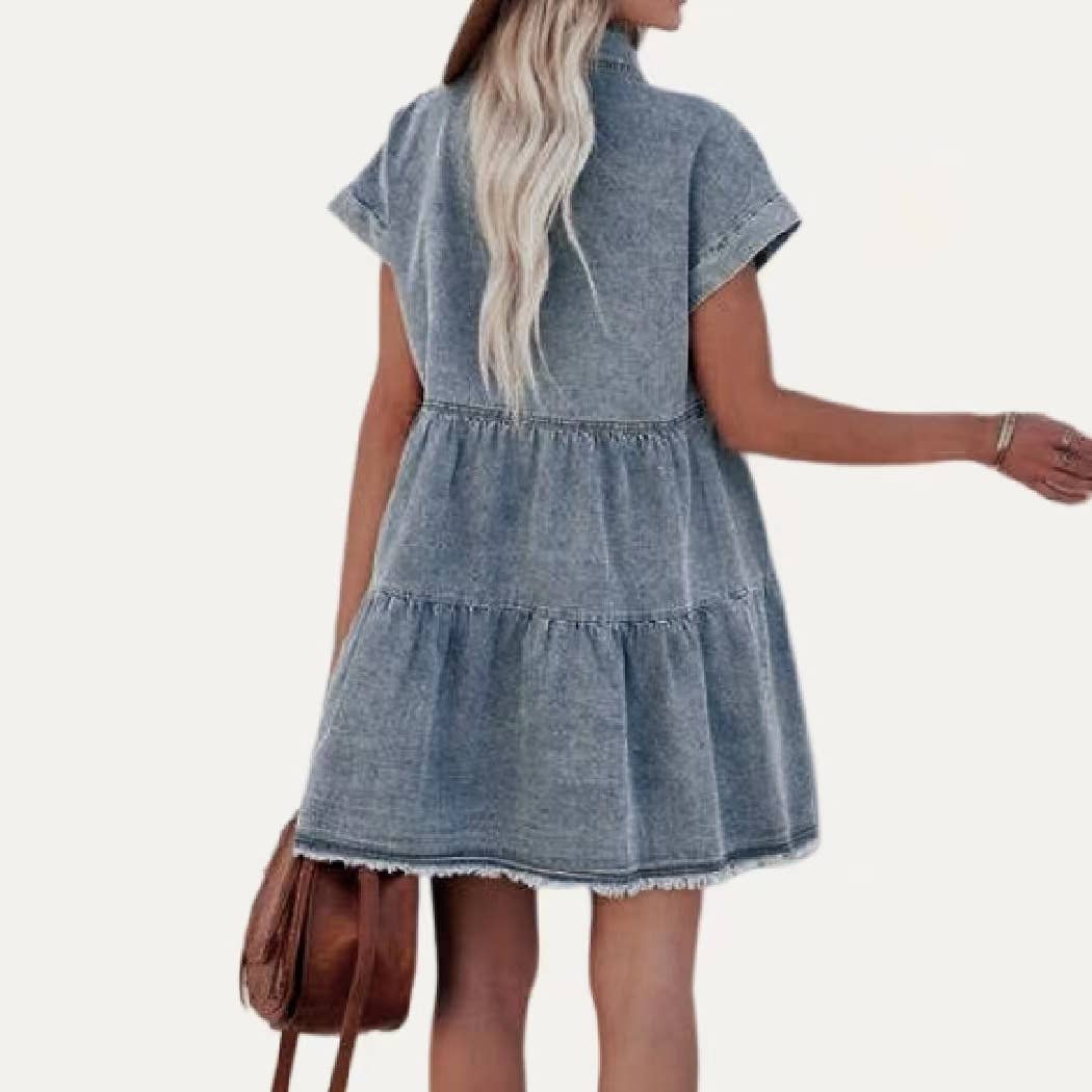 Classic Collared Button-Up Short Sleeves Denim Mini Dress