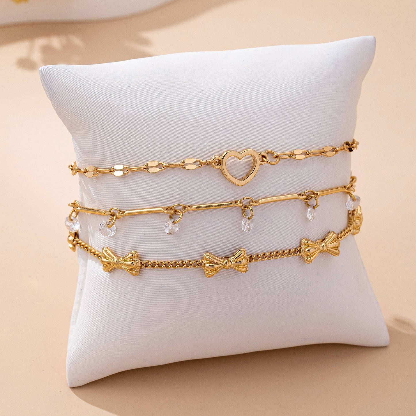 Crystal Drop Heart Bow Charm Multilayer Bracelet | 80B1594