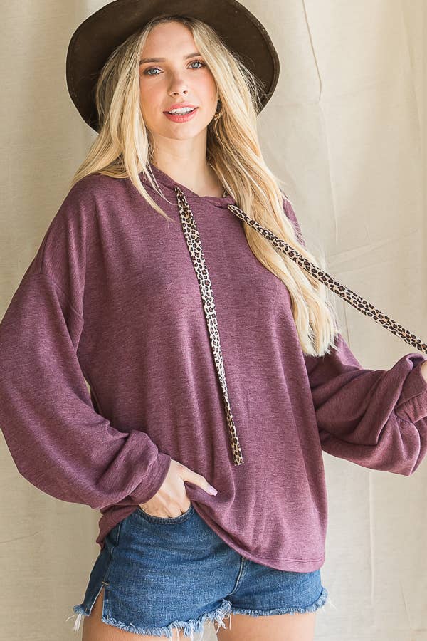 Leopard Drawstring Balloon Sleeves Pullover Hoodie T3716