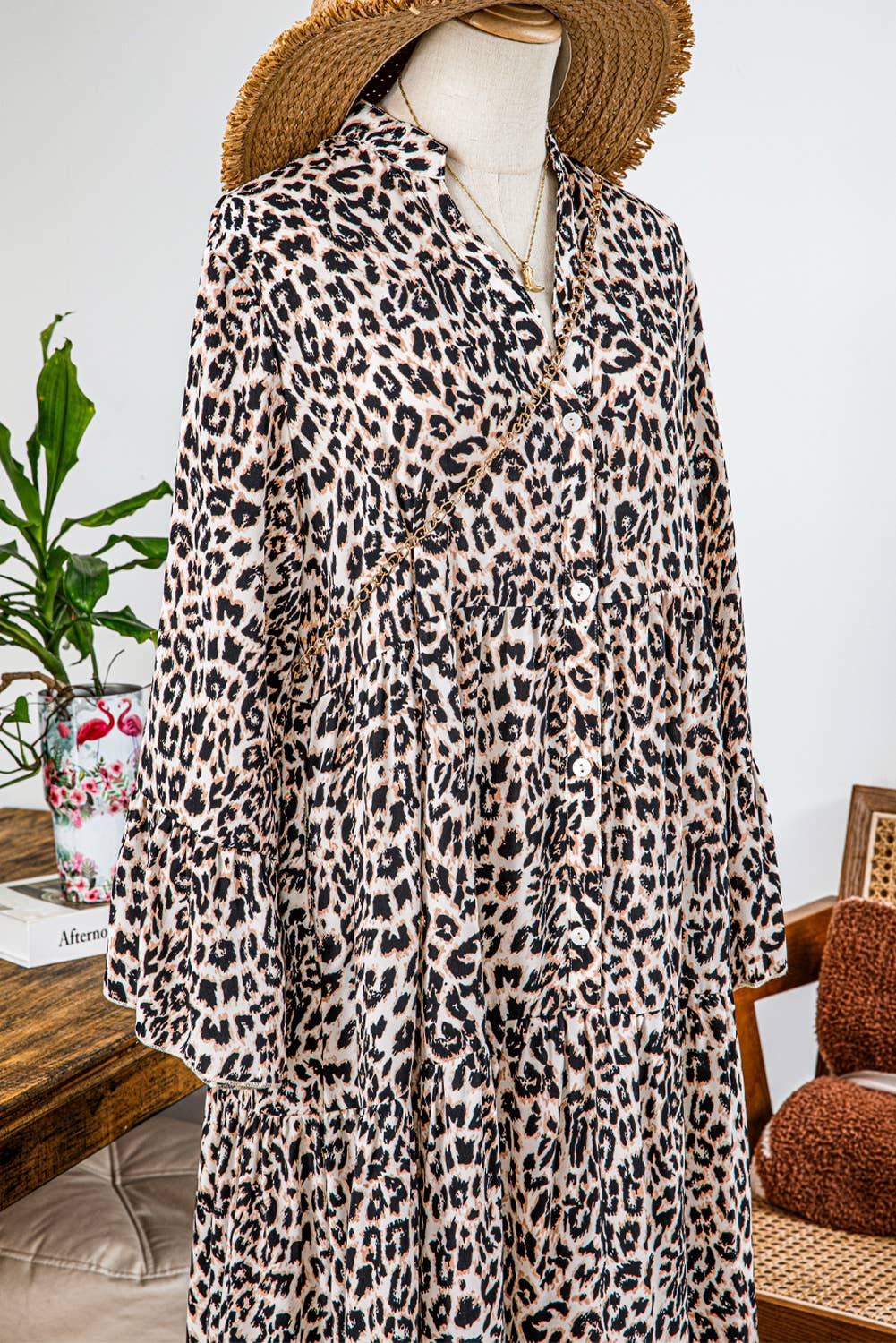 Fashion Western Leopard Tiered Wide Sleeve Maxi Dress