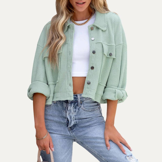 Always Popular Textured Button-Up Long Sleeve Cropped Jacket