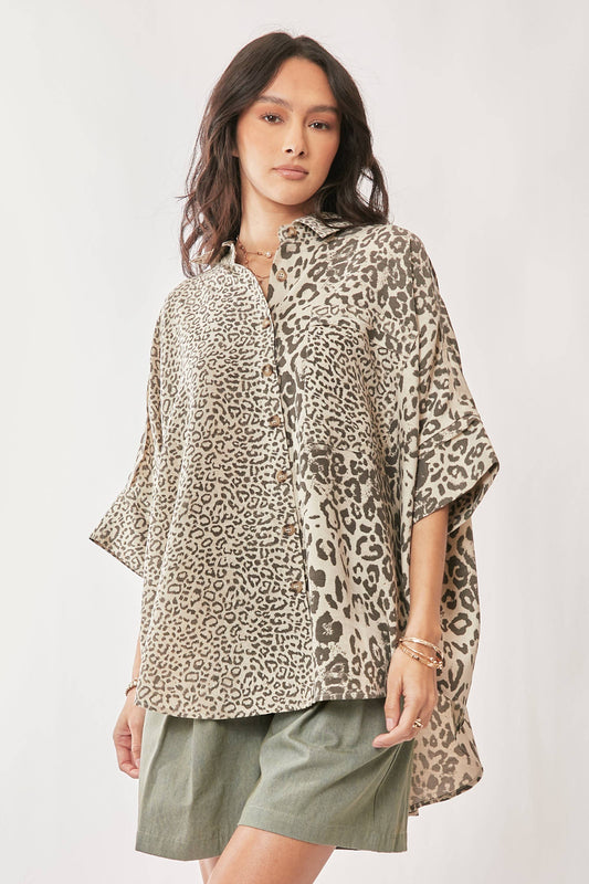 ANIMAL PRINTED RIBBON RUFFLE SLEEVE SHIRT TOP