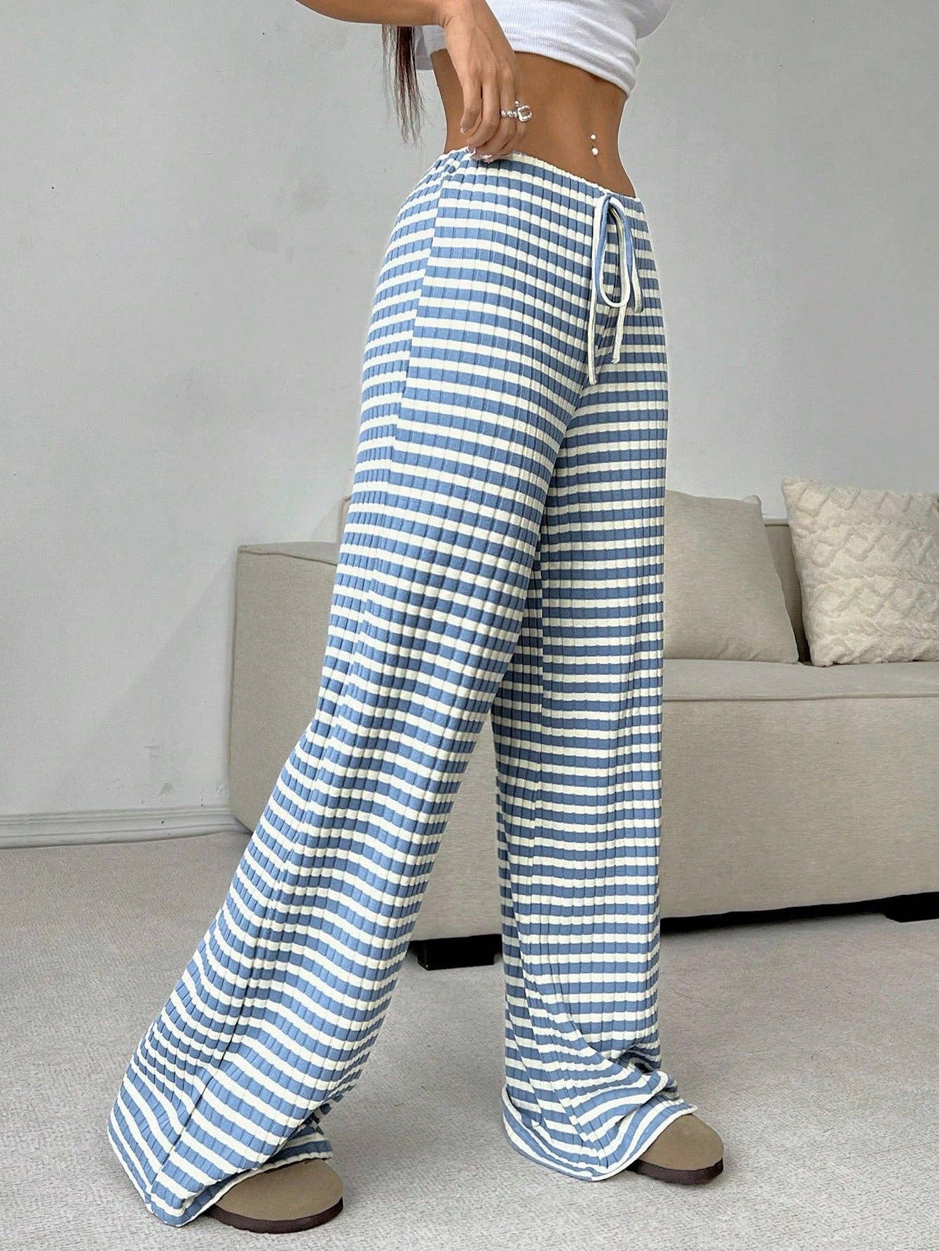 Striped Cotton Lounge Pants with Drawstring Waistband