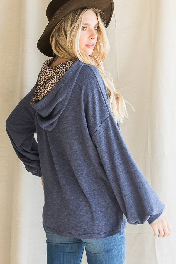 Leopard Drawstring Balloon Sleeves Pullover Hoodie T3716