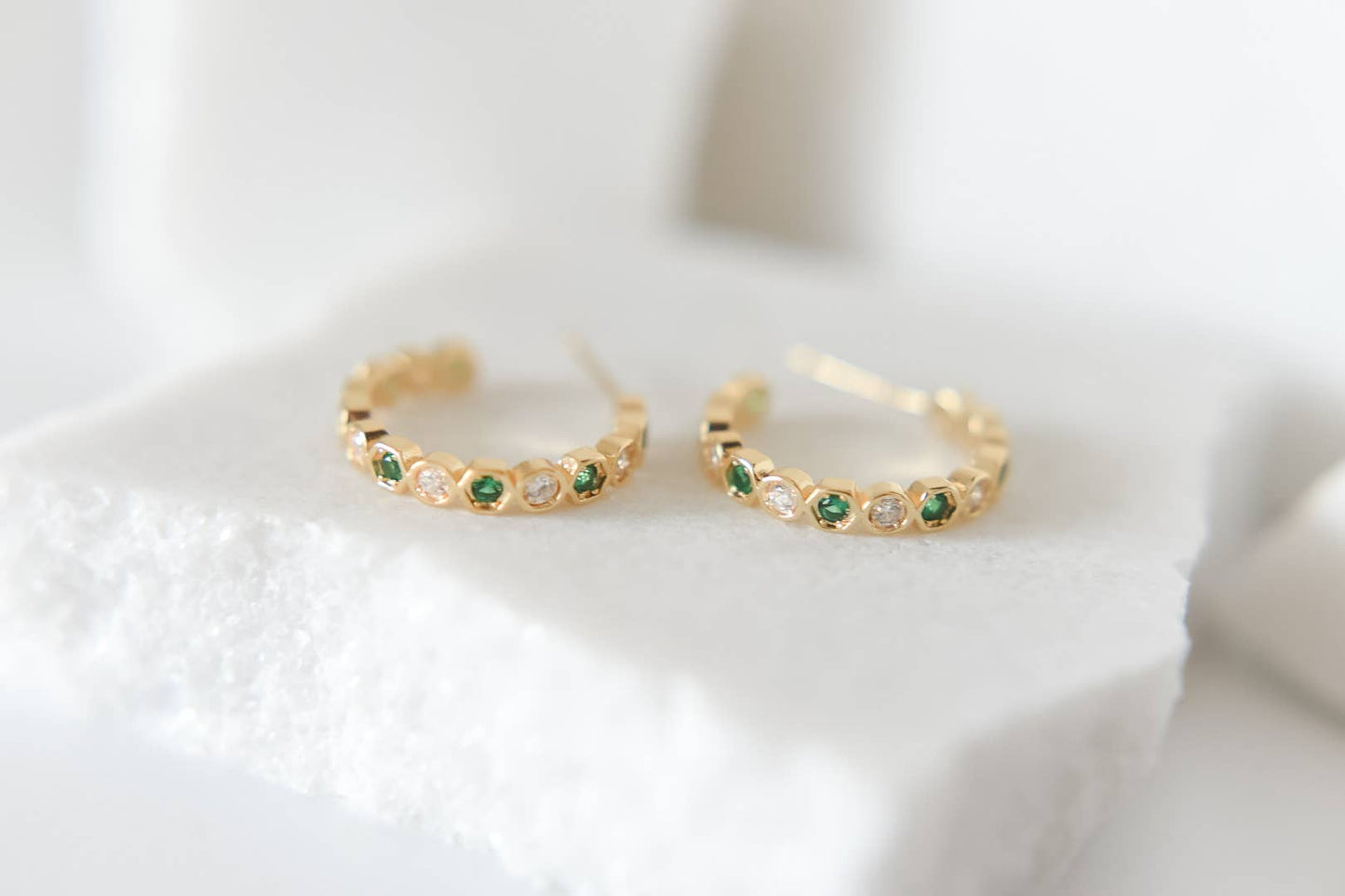 Mayble gold plated hoop studs | emerald green cz